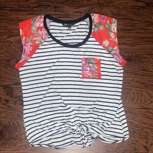 Signature Studio Black & White Striped Tee with Coral Floral Sleeves